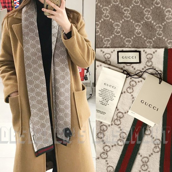GUCCI beige/ivory SOLANGE Original GG red & green WEB wool reversible long scarf - Picture 1 of 7